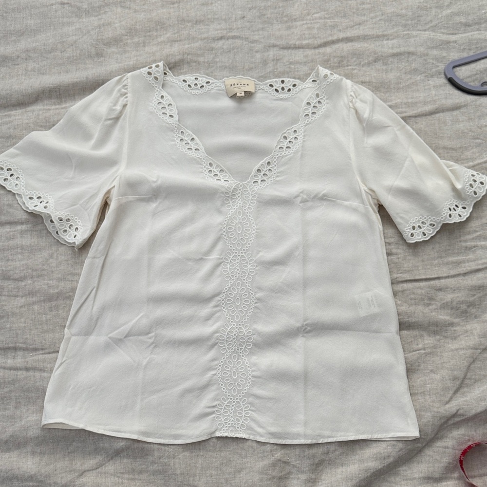 Sezane White Lace Accent Blouse, ivory, M